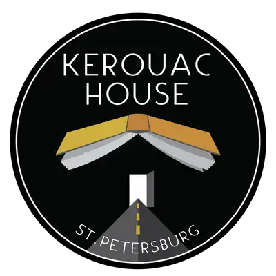 Kerouac House St. Petersburg logo with road and book imagery.